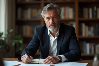 Portrait d'un homme d'âge moyen assis à un bureau en bois, entouré de livres et de papiers, dans un bureau à domicile calme et intellectuel