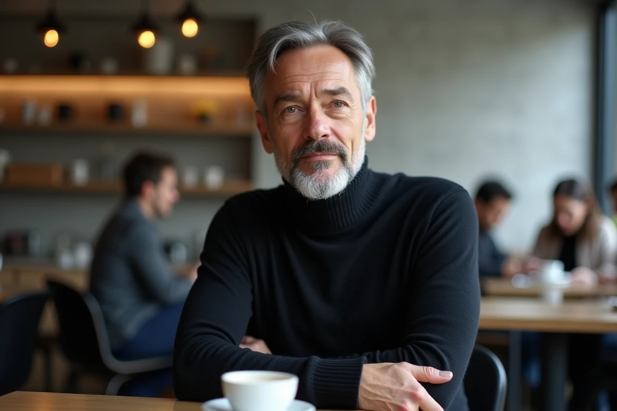 Portrait éditorial d'un homme en col roulé sombre assis dans un café minimaliste au béton brut, avec une tasse d'espresso sur la table et une atmosphère urbaine contemporaine