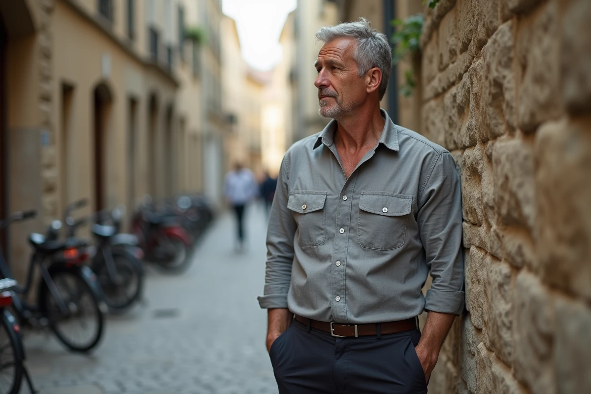 Homme mature en chemise de lin grise appuyé contre un mur de pierre dans une rue pavée d'une ville française, regard pensif et atmosphère documentaire