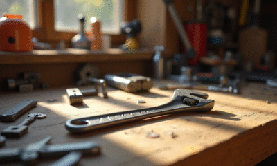 Clé à roue réglable sur plan de travail en bois