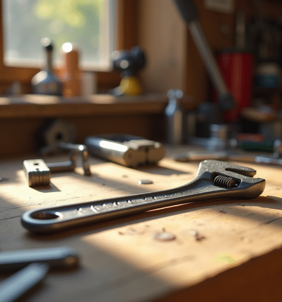 Clé à roue réglable sur plan de travail en bois