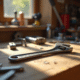 Clé à roue réglable sur plan de travail en bois