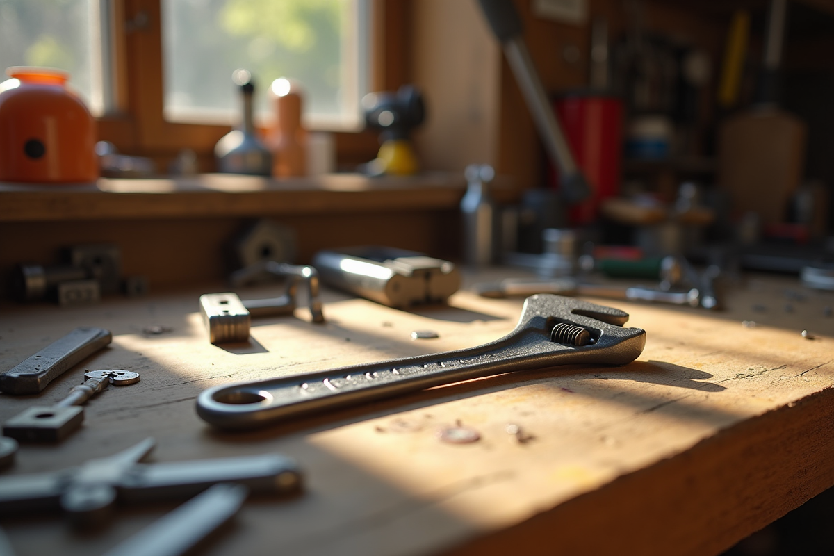 Clé à roue réglable sur plan de travail en bois
