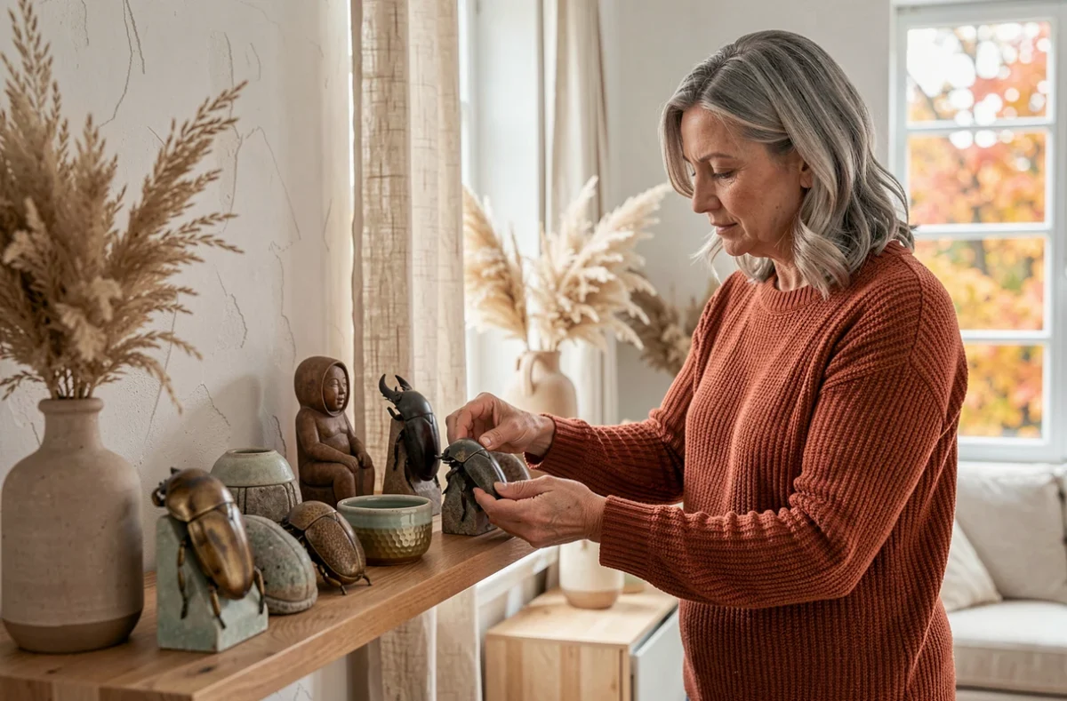 Femme arrangeant une collection de totems scarabées en céramique et laiton sur une étagère dans un intérieur scandinave