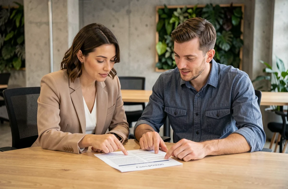 Deux collègues analysant ensemble un CV imprimé dans un espace de coworking moderne, dans le cadre d'une révision professionnelle des termes de stage