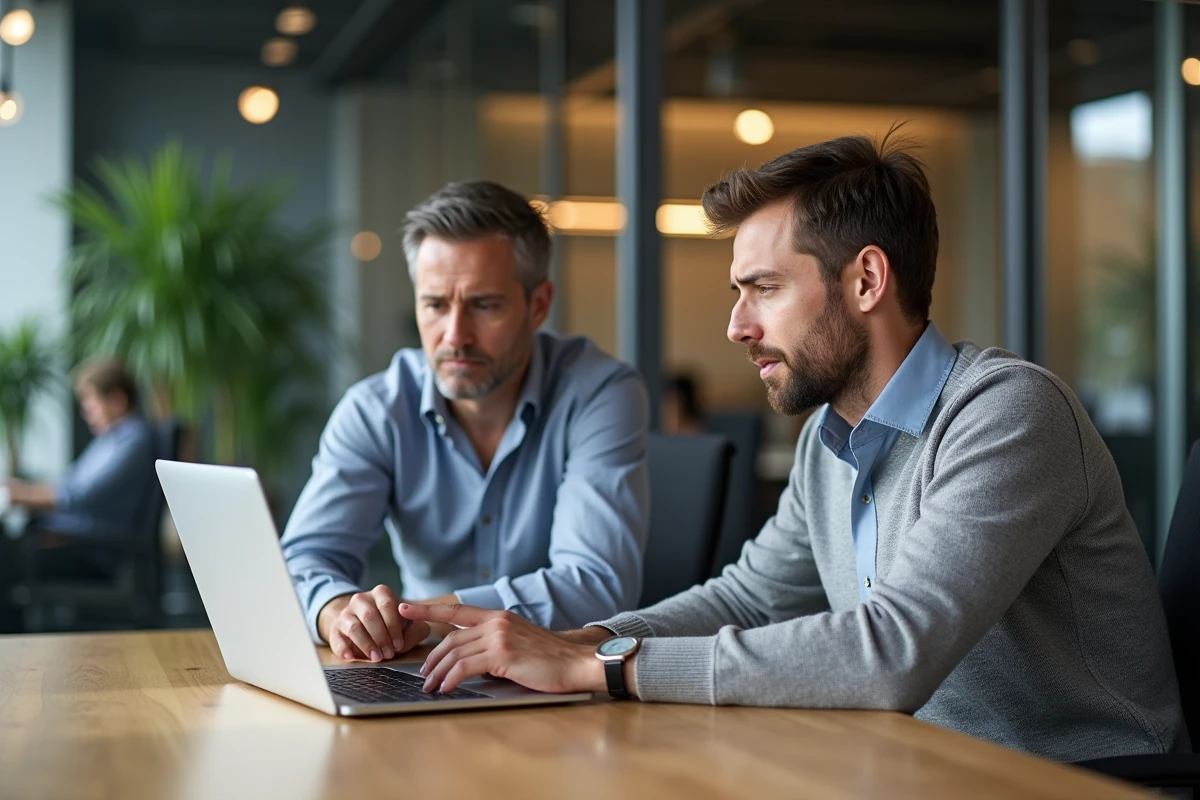 Deux collègues discutant d'une faute de grammaire dans un email professionnel sur un ordinateur portable