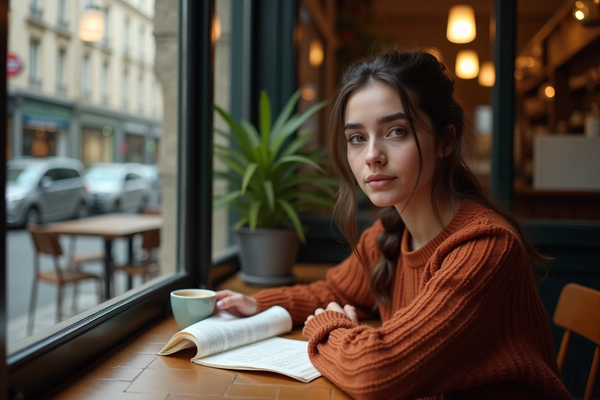 Jeune comédienne française lisant un script dans un café parisien, scène de vie quotidienne d'une actrice de série télévisée française