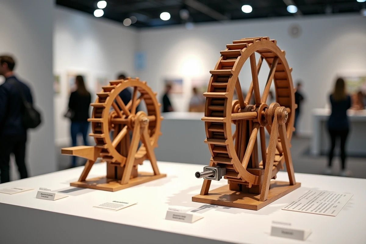 Maquettes comparatives d'une noria classique et d'une noria def industrielle exposées côte à côte dans un salon agricole
