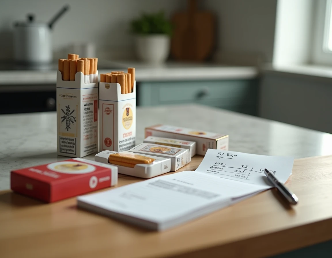 Paquets de cigarettes et comparaison de prix notée à la main sur un plan de travail en marbre au Luxembourg