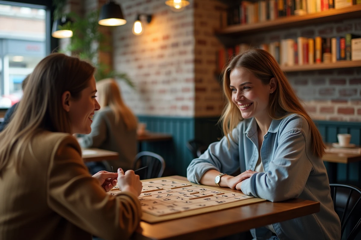 Deux amies en compétition lors d'une partie de jeu de lettres dans un café
