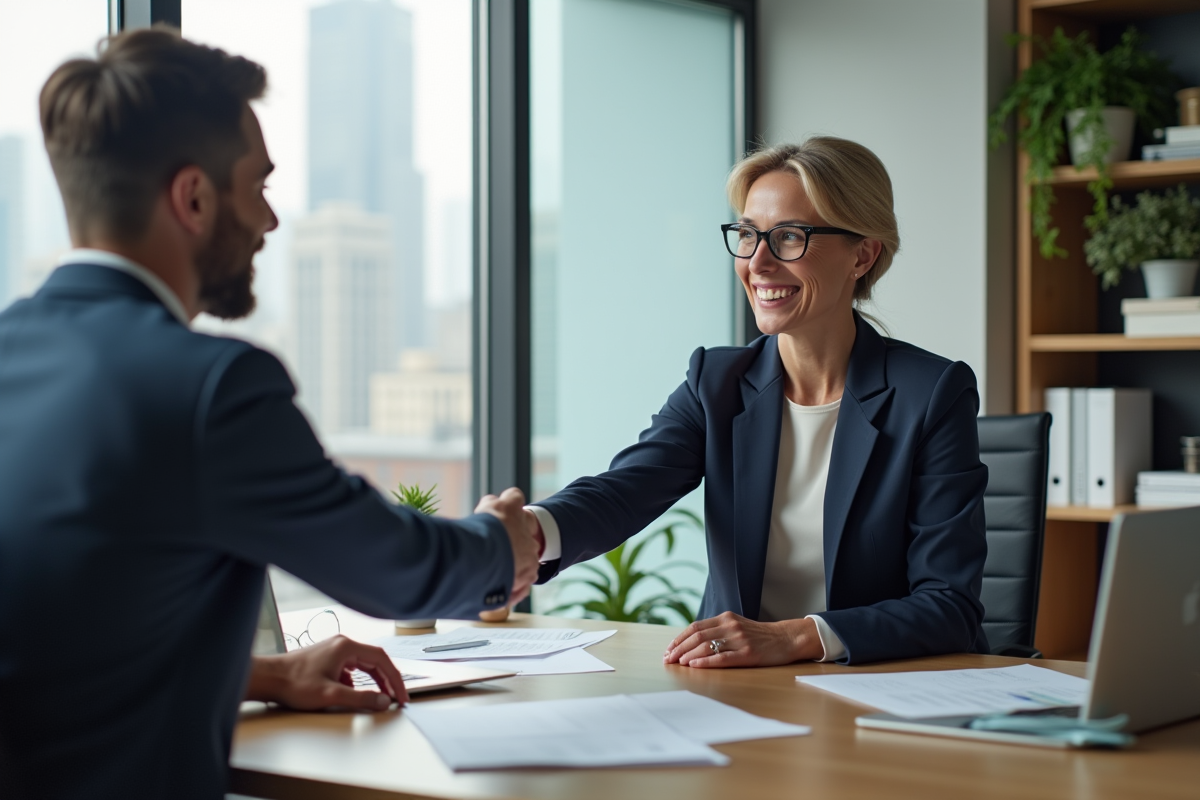 Conseillère en prêt immobilier serrant la main d