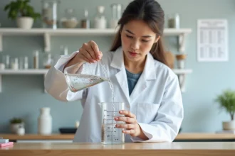 Femme en blouse versant de l'eau dans un cube d'un litre pour illustrer la conversion cm³ en litre