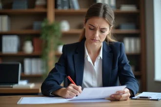 Femme corrigeant une faute d'orthographe sur un document professionnel avec un stylo rouge au bureau