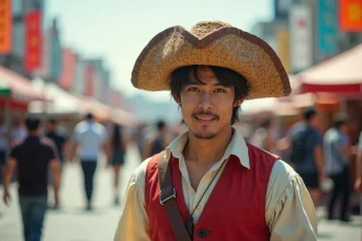 Cosplayer déguisé en Luffy de One Piece avec chapeau de paille et veste rouge lors d'une convention manga au Japon