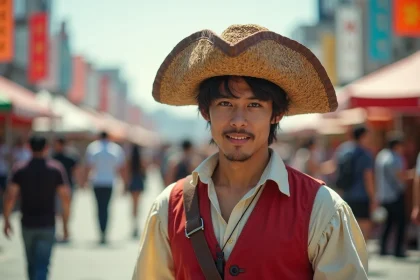Cosplayer déguisé en Luffy de One Piece avec chapeau de paille et veste rouge lors d'une convention manga au Japon