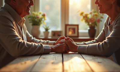 Couple âgé tenant la main sur une table en bois