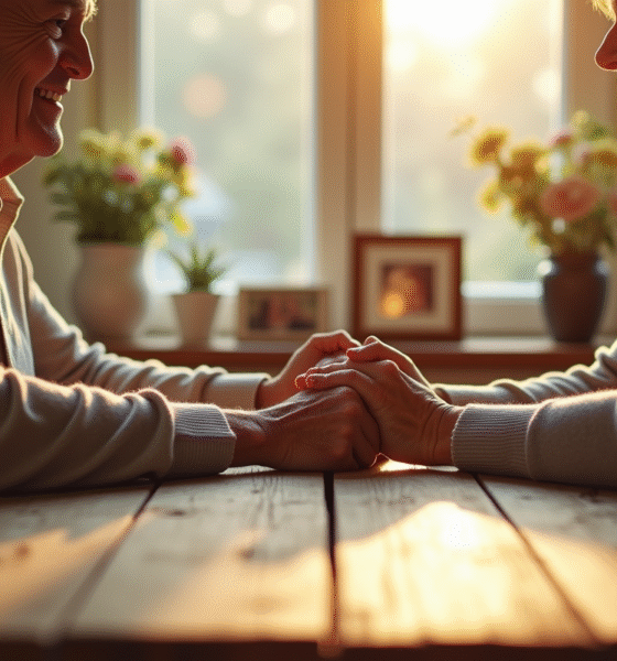 Couple âgé tenant la main sur une table en bois