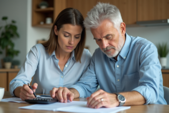 Couple d'adultes discutant de leur prêt immobilier à la maison