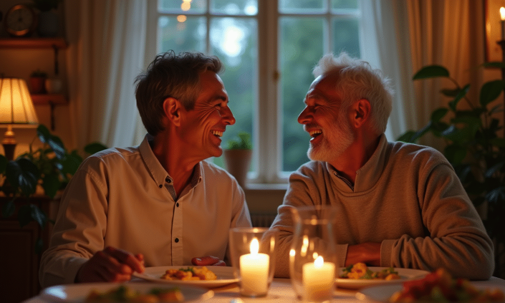 Couple d'âge moyen riant lors d'un dîner romantique à la maison