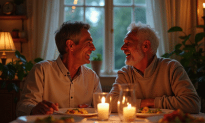 Couple d'âge moyen riant lors d'un dîner romantique à la maison