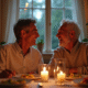 Couple d'âge moyen riant lors d'un dîner romantique à la maison