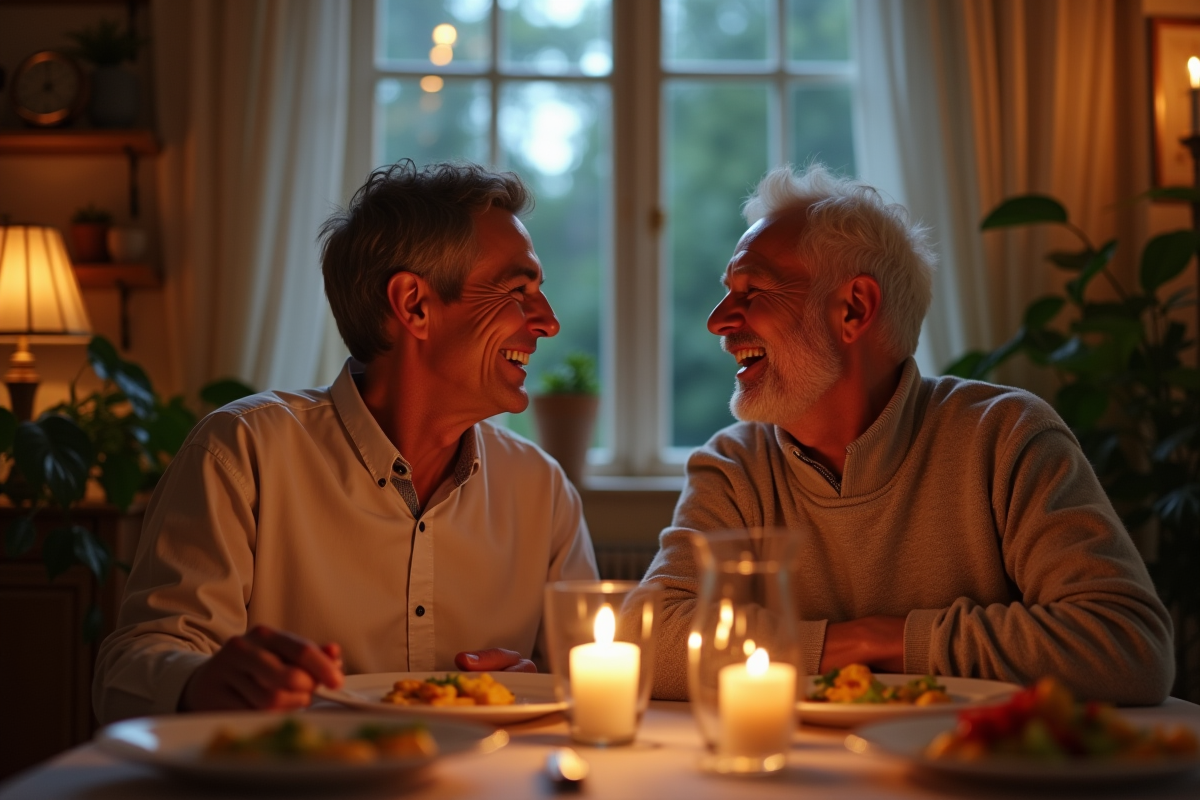 Couple d'âge moyen riant lors d'un dîner romantique à la maison