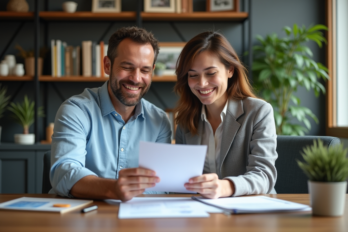 Couple d'adultes souriants dans un bureau moderne