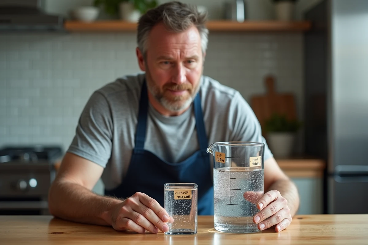 Homme comparant un cube de 10 cm et une cruche d'un litre sur un plan de travail pour expliquer la conversion cm cube en litre
