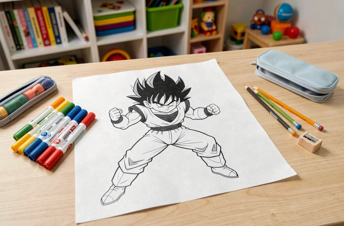 Dessin à colorier Dragon Ball Z de Vegeta imprimé avec des feutres et fournitures scolaires sur un bureau