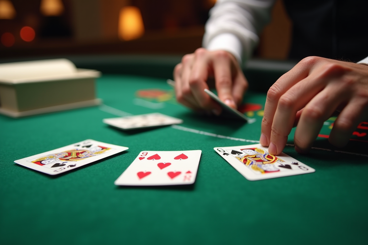 Mains distribuant des cartes pour la crapette sur une table verte