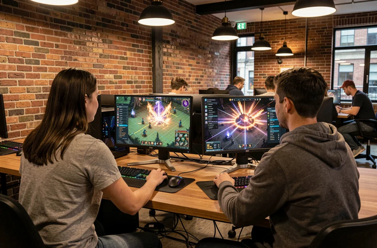 Deux joueurs collaborant autour de stratégies de combat Dofus dans un café gaming pour optimiser leur quête artistique