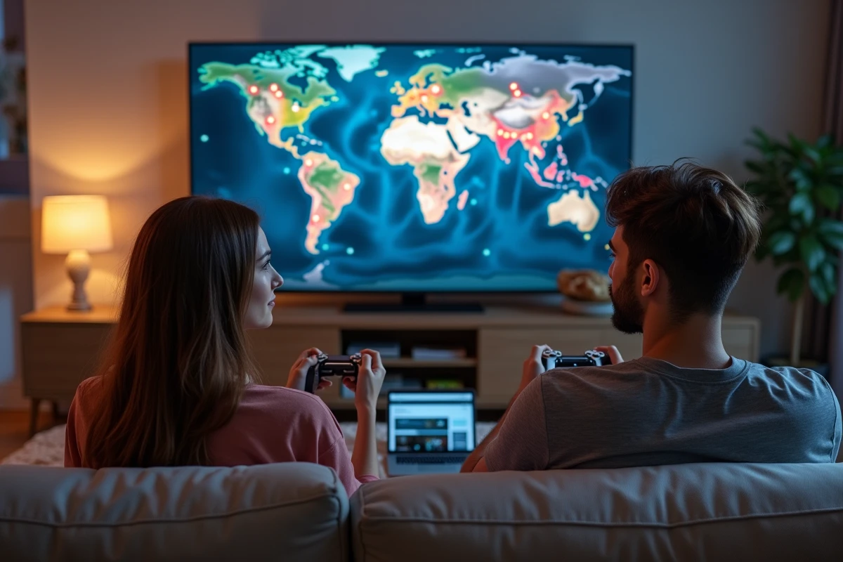 Deux joueurs adultes cherchant des portails sur une carte MMORPG affichée sur un grand écran de salon
