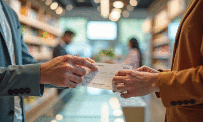 Personne échangeant un chèque cadeau Kadeos Infini au comptoir lumineux