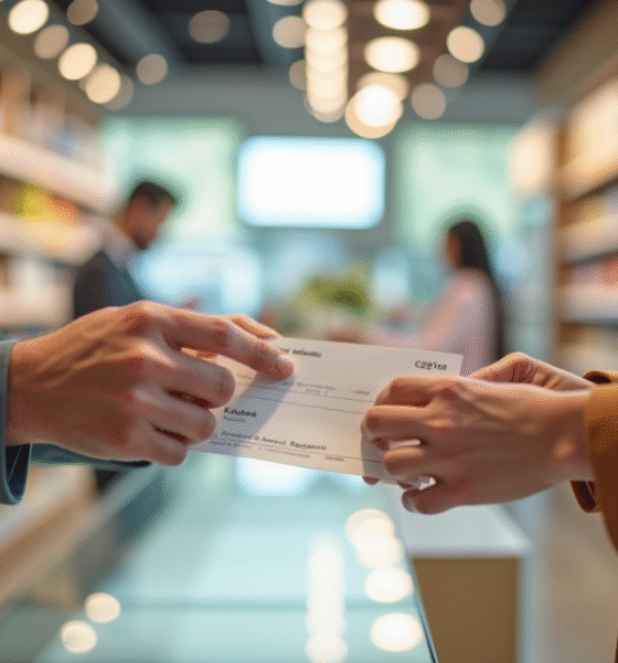 Personne échangeant un chèque cadeau Kadeos Infini au comptoir lumineux