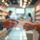 Personne échangeant un chèque cadeau Kadeos Infini au comptoir lumineux