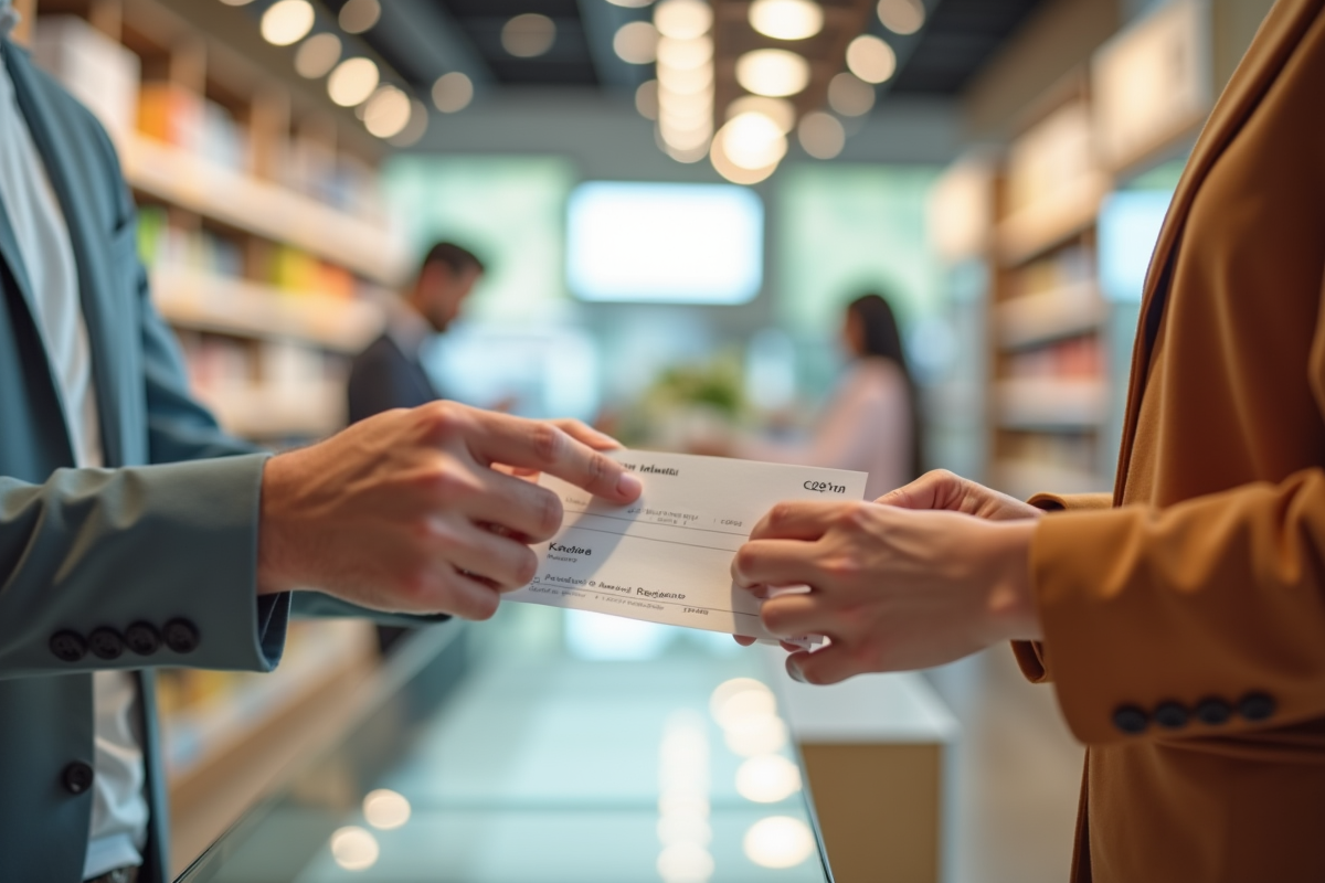 Personne échangeant un chèque cadeau Kadeos Infini au comptoir lumineux