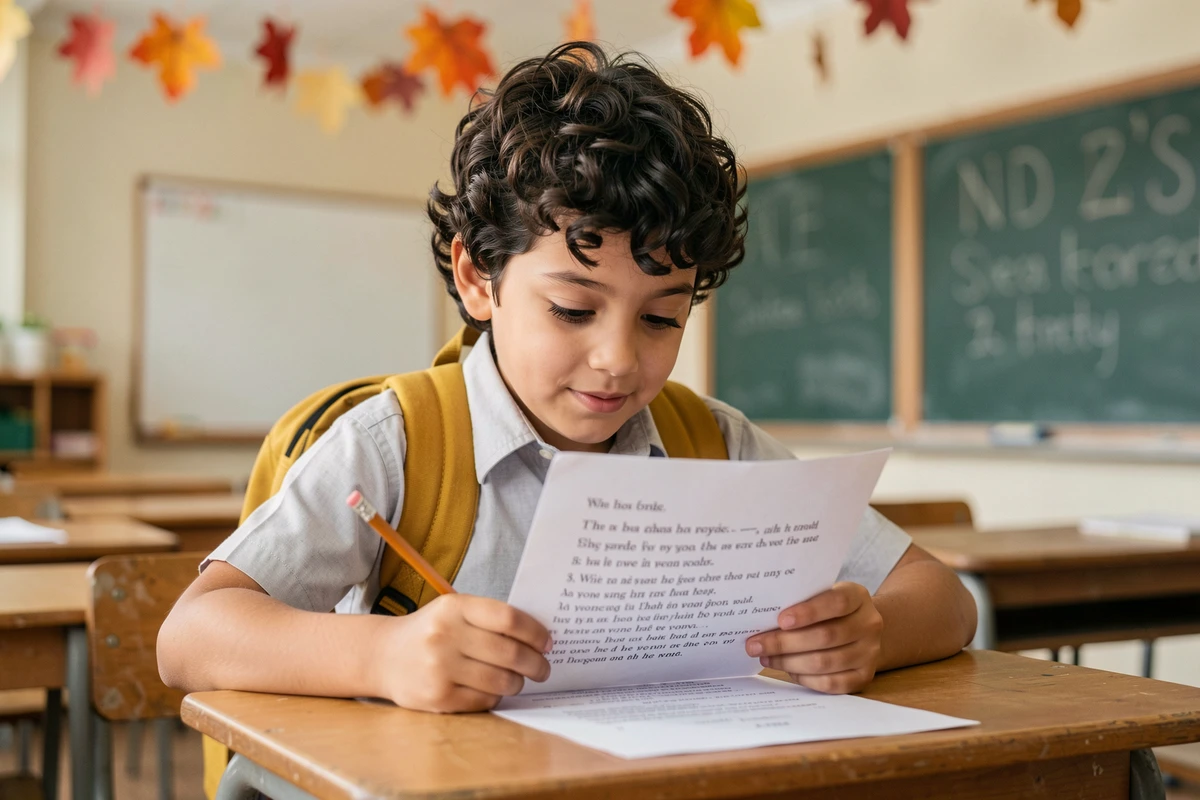 Écolier lisant un poème de rentrée imprimé assis à son bureau dans une salle de classe décorée pour l'automne