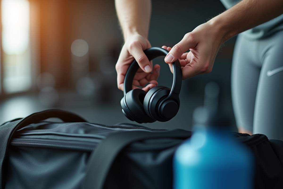 Mains tenant des écouteurs Bluetooth pour sport dans une salle de sport
