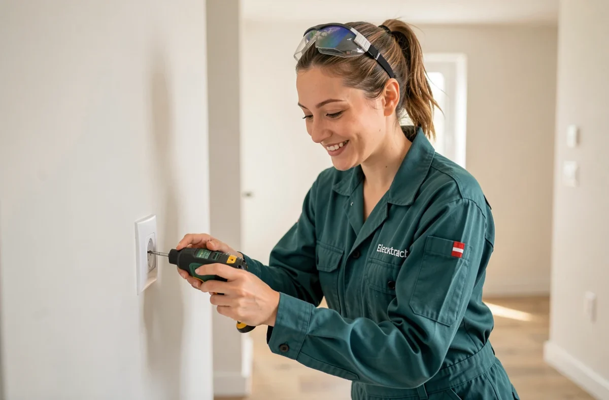 Électricienne d'Egélia testant une prise électrique dans un intérieur rénové à Limoges