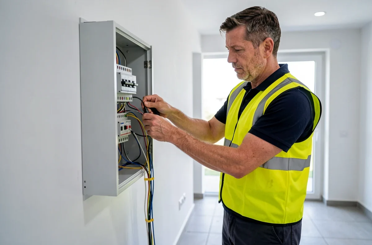 Technicien d'Elec 2000 câblant un tableau électrique dans un appartement moderne à Limoges