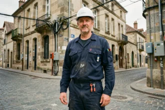 Un électricien professionnel devant une rue typique de Limoges, illustrant le top 10 des électriciens de la ville