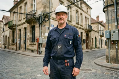 Un électricien professionnel devant une rue typique de Limoges, illustrant le top 10 des électriciens de la ville