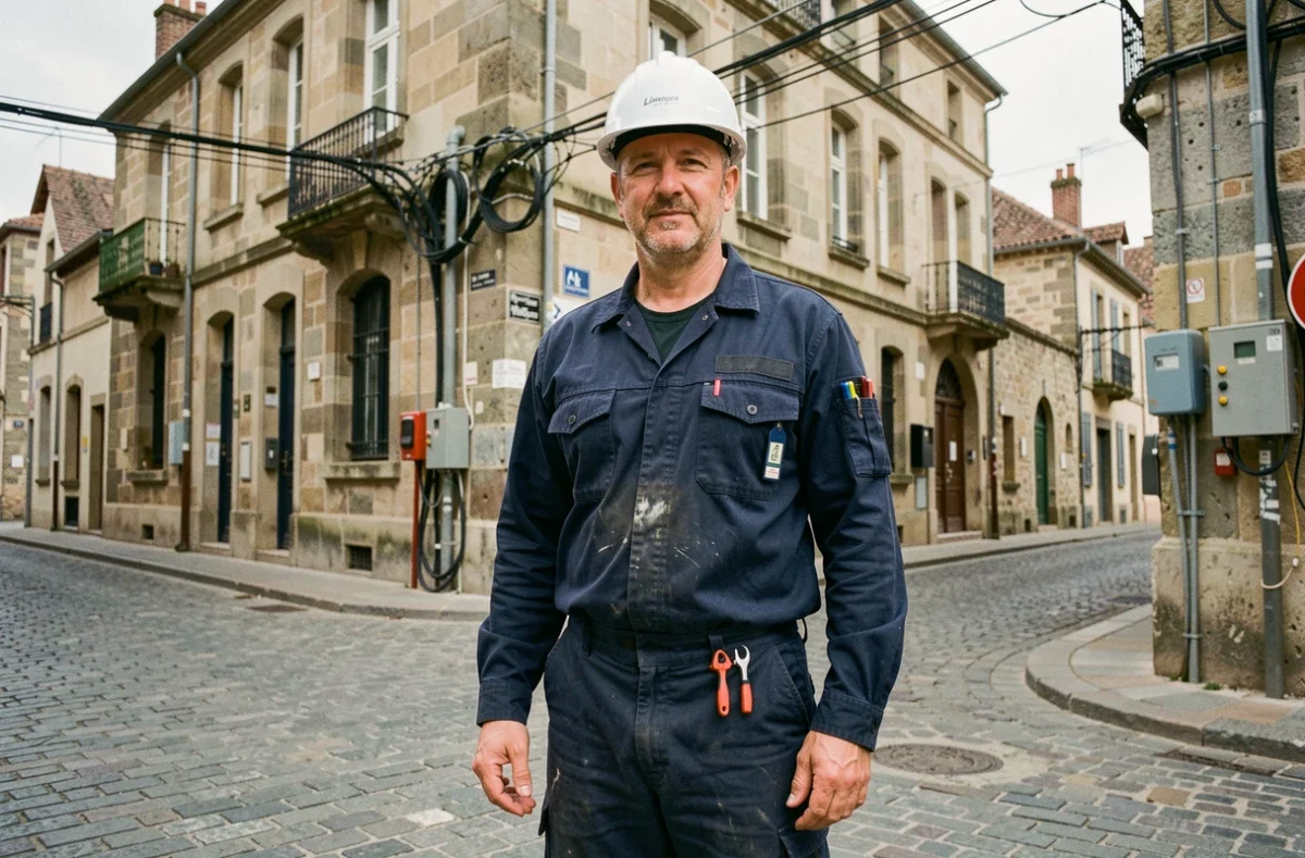 Un électricien professionnel devant une rue typique de Limoges, illustrant le top 10 des électriciens de la ville