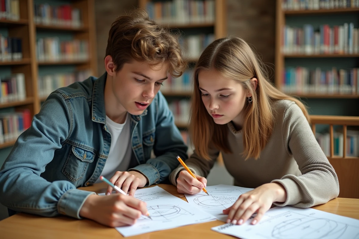 Deux lycéens travaillant ensemble sur des exercices corrigés de physique autour de la formule de force à la bibliothèque