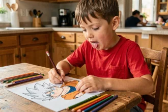 Enfant coloriant un dessin Dragon Ball Z de Goku avec des crayons de couleur sur une table en bois