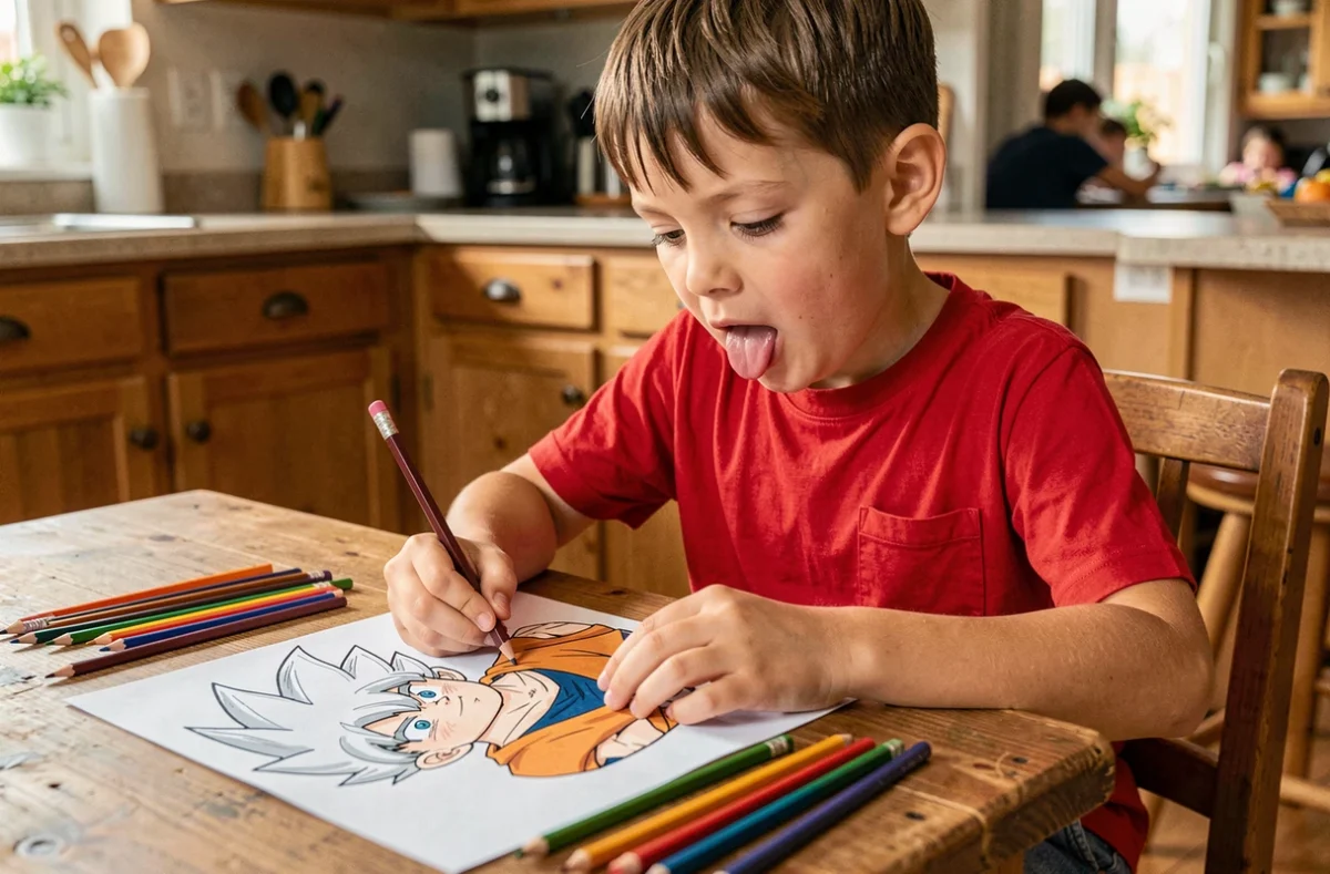 Enfant coloriant un dessin Dragon Ball Z de Goku avec des crayons de couleur sur une table en bois