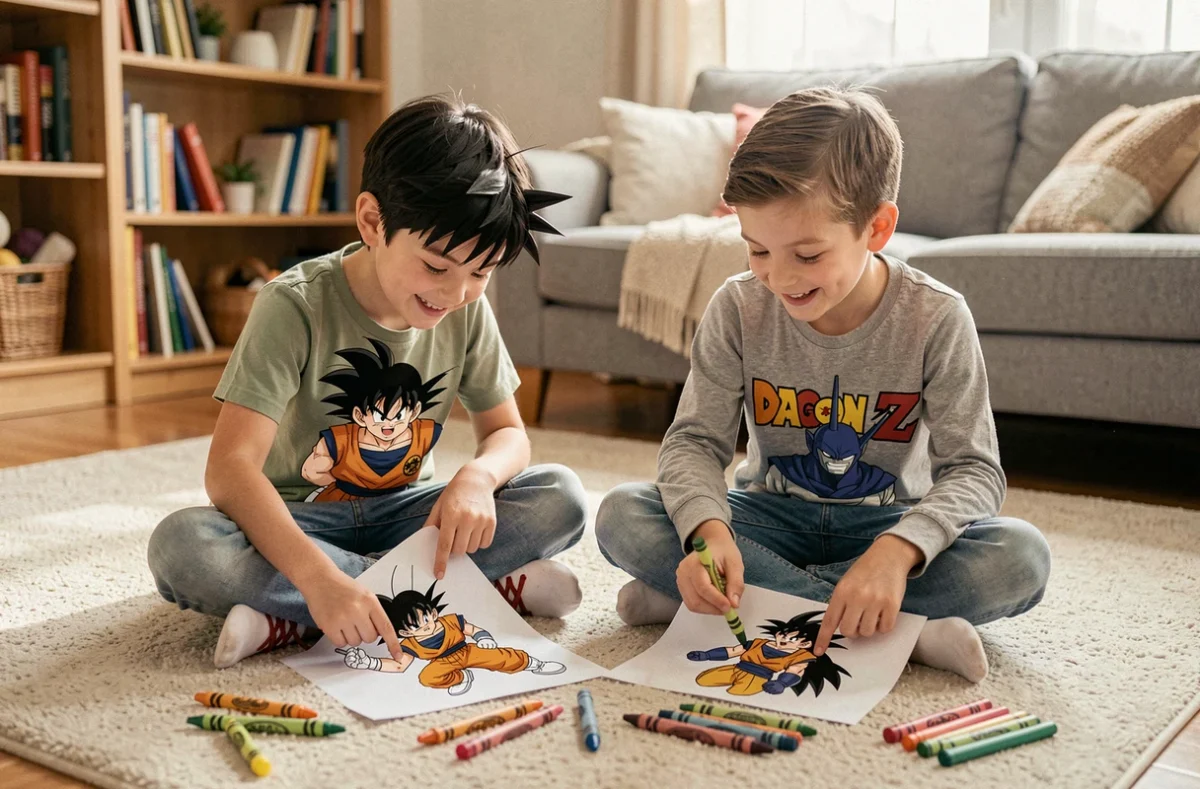 Deux enfants coloriant des dessins Dragon Ball Z ensemble sur le sol du salon