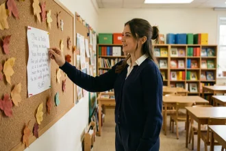 Enseignante affichant un poème de rentrée sur le tableau d'affichage d'une salle de classe primaire décorée de feuilles d'automne