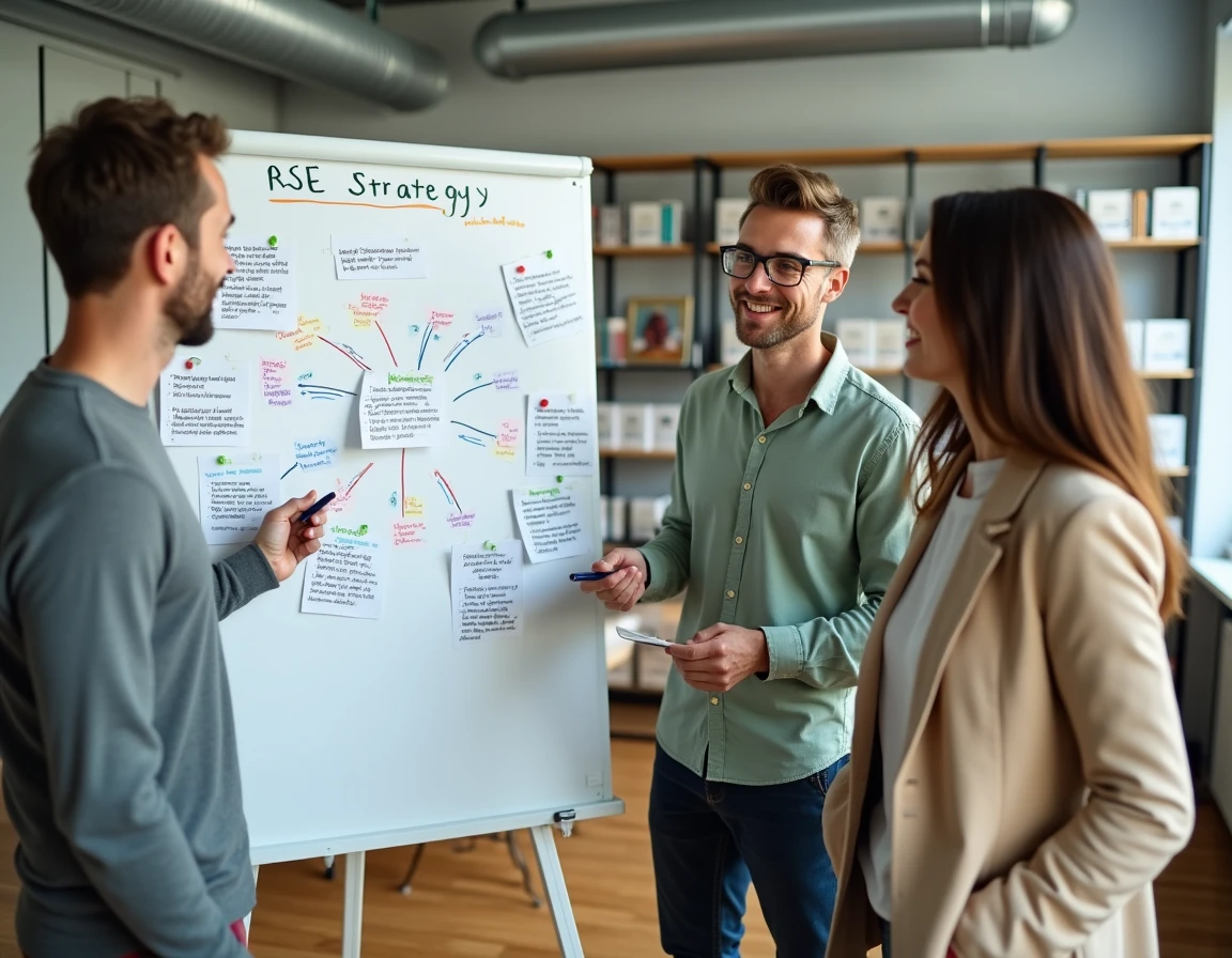 Groupe de professionnels collaborant autour d'un tableau blanc avec une carte mentale de stratégie RSE dans un espace de travail collaboratif
