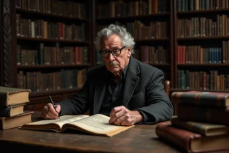 Érudit examinant un manuscrit latin ancien dans une bibliothèque universitaire historique, illustration de la citation homo homini lupus